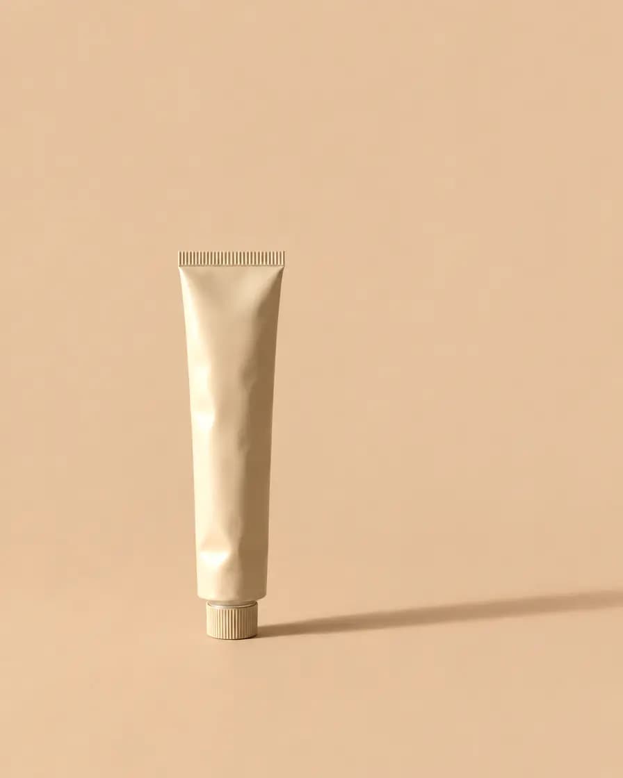 An oat-coloured hand cream tube standing on a tan background