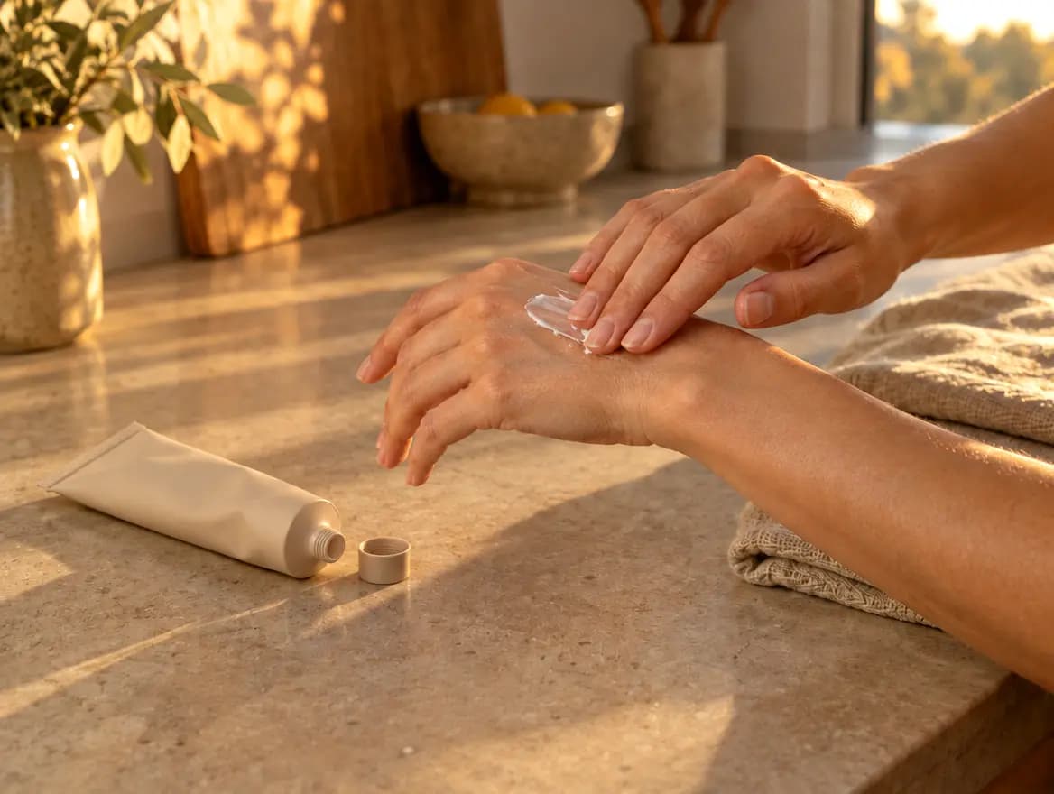 Two hands rubbing in hand cream at a kitchen counter