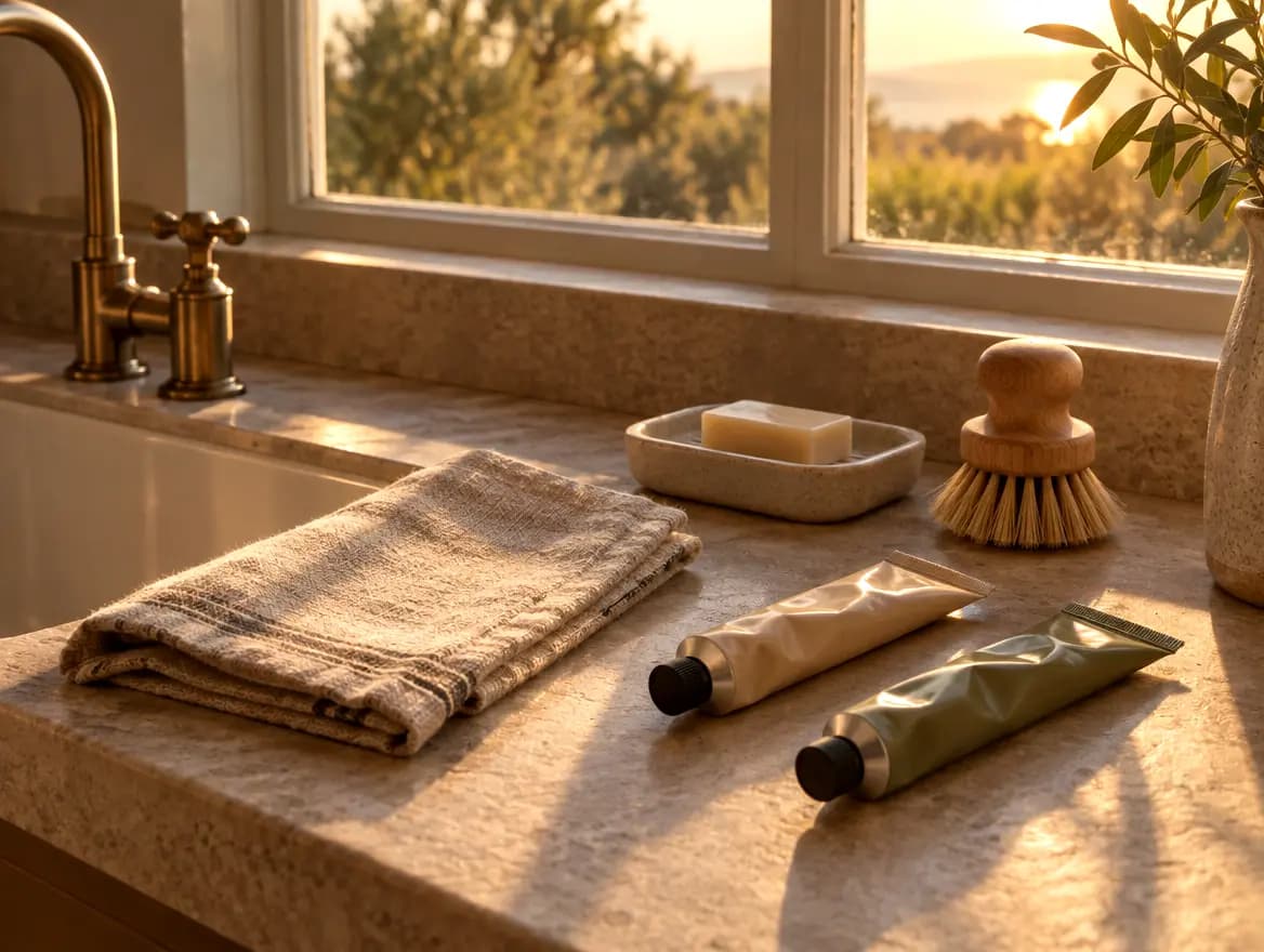 A kitchen counter at golden hour with two hand cream tubes by the sink